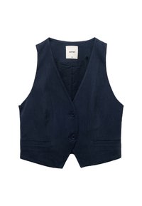 Donkerblauwe vest van textuurstof, met een V-hals, twee voorzakken en een sluiting met twee knopen. Label zichtbaar binnen de kraag.