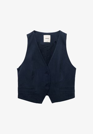 Donkerblauwe vest van textuurstof, met een V-hals, twee voorzakken en een sluiting met twee knopen. Label zichtbaar binnen de kraag.