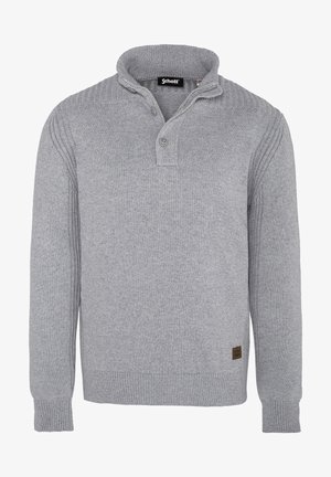 Harmaa neulepusero, jossa on korkea kaulus, kaksi nappia kauluksella, resorikoristeet olkapäillä ja pieni ruskea merkkilaatta sivulla.