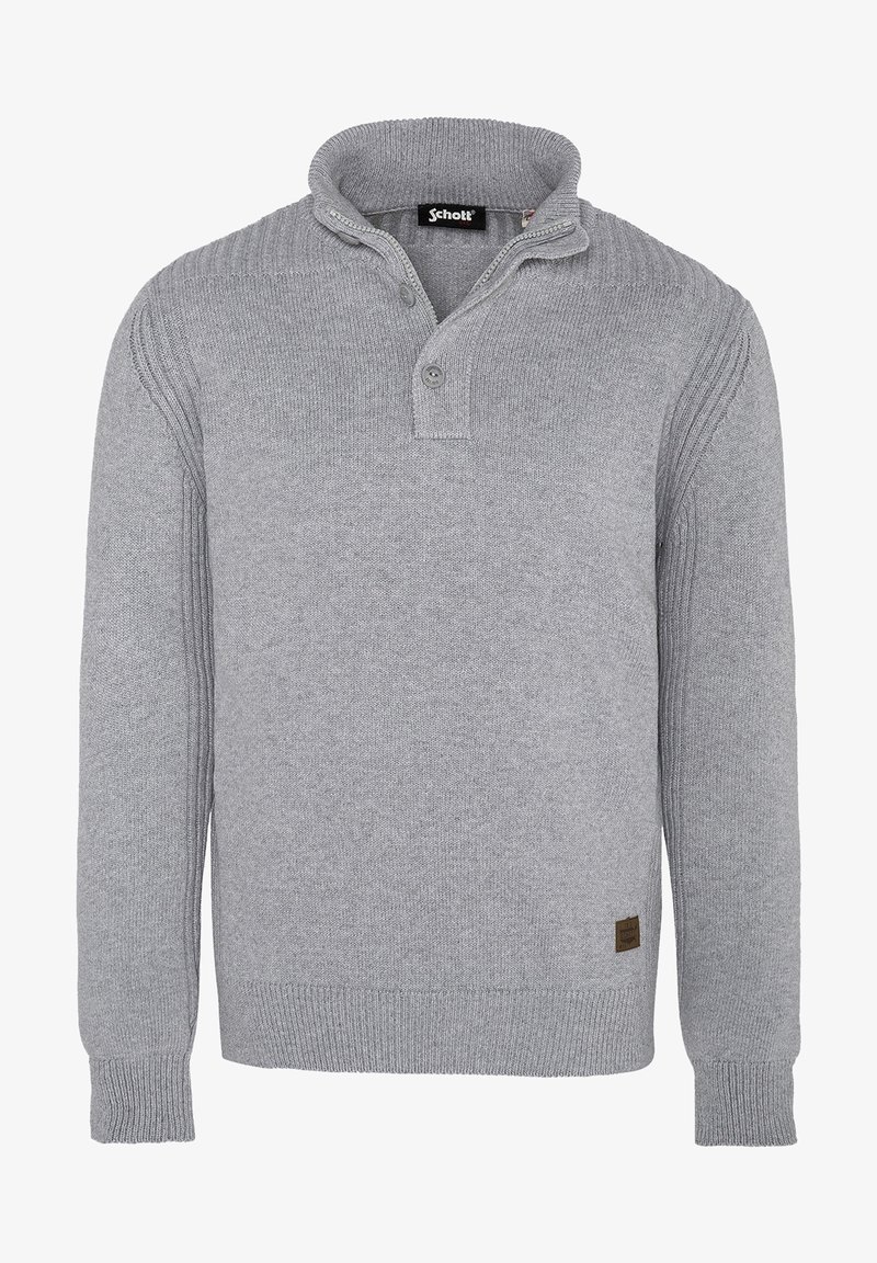 Šedý pletený svetr s vysokým límcem, dvěma knoflíky u krku, žebrovanými detaily na ramenech a malou hnědou značkovou nášivkou na boku.