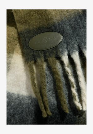 Šál z vlnenej zmesi v odtieňoch zelenej, šedej a krémovej s strapcami. Obsahuje textúrovanú koženú nášivku s brandingom "Love & Roses".