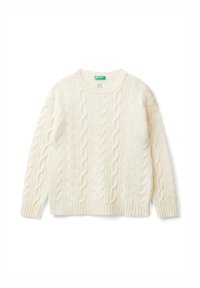 Cremfarbener Kabelstrickpullover mit langen Ärmeln und einem gerippten runden Ausschnitt sowie Saum.