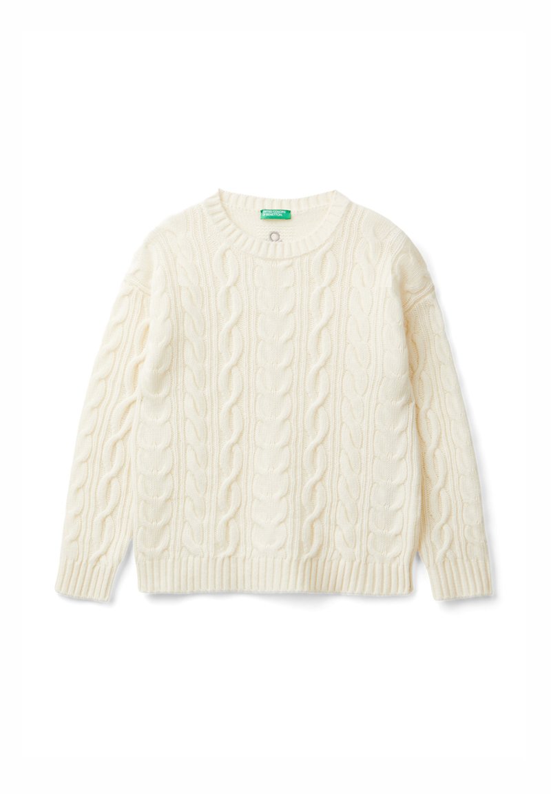 Cremfarbener Kabelstrickpullover mit langen Ärmeln und einem gerippten runden Ausschnitt sowie Saum.