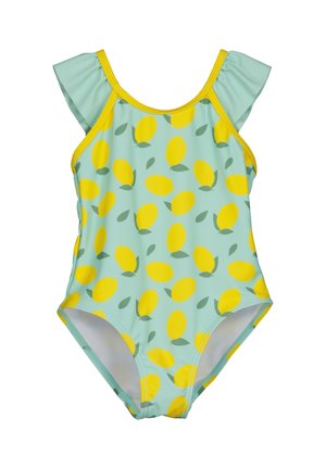 Jasnoniebieski kostium kąpielowy z żółtymi wzorami cytryn i zielonymi liśćmi. Posiada falbaniaste ramiączka i gładką fakturę tkaniny.
