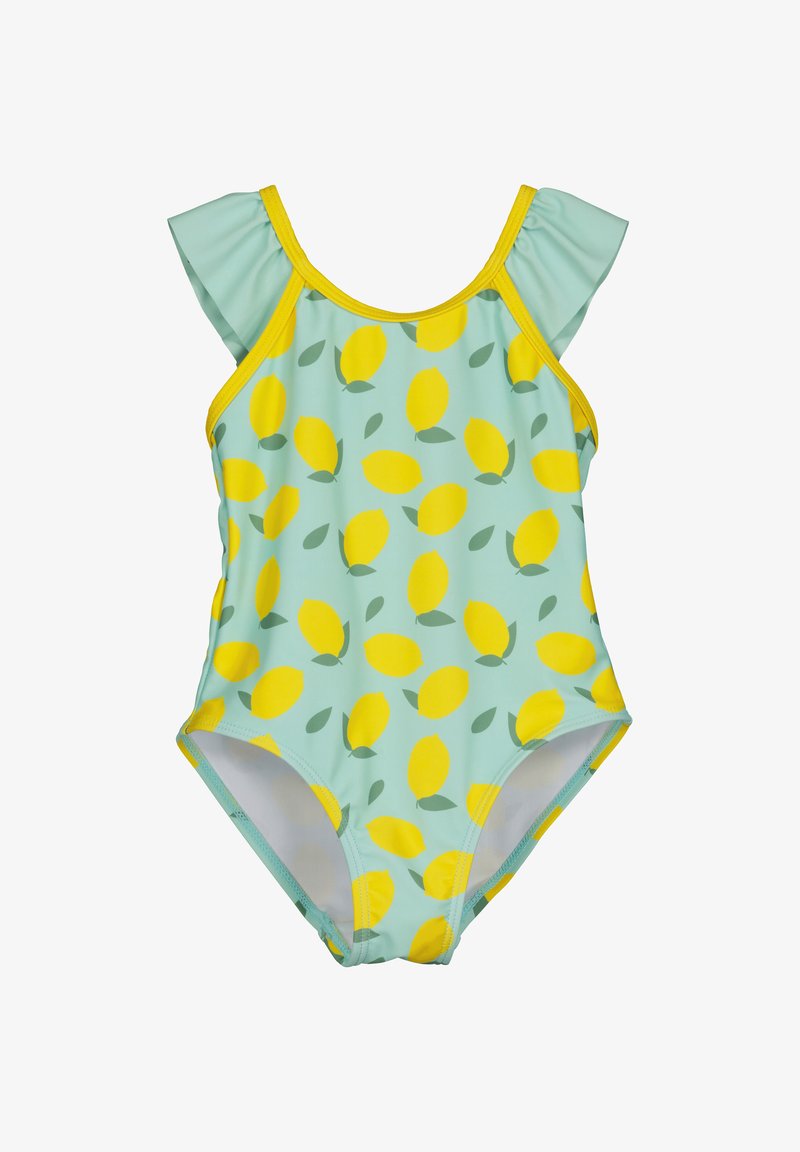 Maillot de bain bleu clair orné de motifs de citrons jaunes et de feuilles vertes. Il possède des bretelles à volants et une texture de tissu lisse.