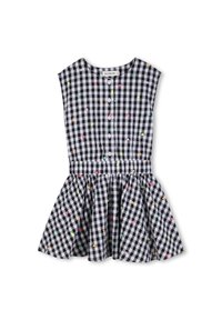 Μαύρο και λευκό φόρεμα με καρό σχέδιο και φούστα που ανοίγει, κοντά μανίκια, κουμπιά κατά μήκος του μπροστινού μέρους και πολύχρωμες καρδιές ως διακοσμητικά στοιχεία.