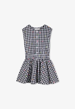 Vestido a cuadros en blanco y negro con falda acampanada, mangas cortas, botones en la parte delantera y detalles coloridos en forma de corazón.