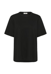 Sort kortærmet t-shirt lavet af blød bomuld, med rund halsudskæring og en afslappet pasform uden synlige mønstre eller accenter.