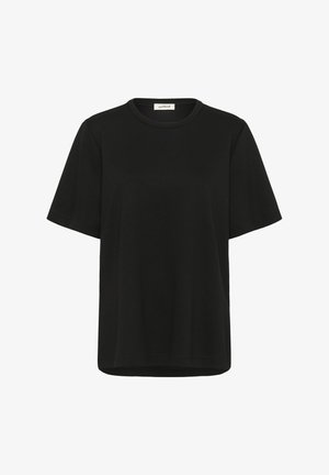 Črna kratka majica s kratkimi rokavi, izdelana iz mehkega bombaža, z okroglo izrezom in sproščenim krojem, brez vidnih vzorcev ali poudarkov.