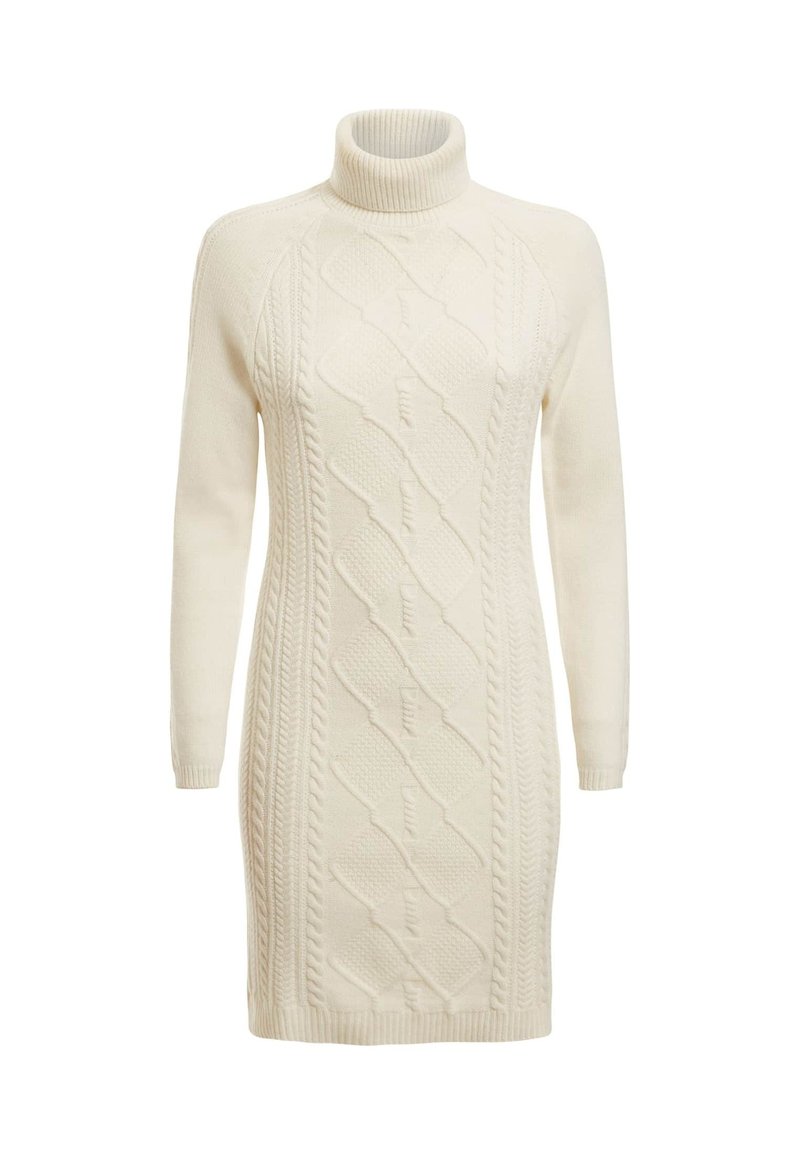 Cremfarbendes Strickkleid mit Kabelmustern, langen Ärmeln, geripptem Rollkragen und gerippten Bündchen sowie Saum.
