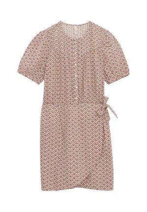 Abito a fiori color crema, con maniche corte, chiusura a bottoni e una cintura in vita; tessuto leggero con una consistenza morbida.