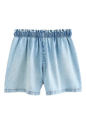 Lyseblå denimshorts med elastisk talje og flæsebesætning. Har en afslappet, løstsiddende stil med lige ben og kant.