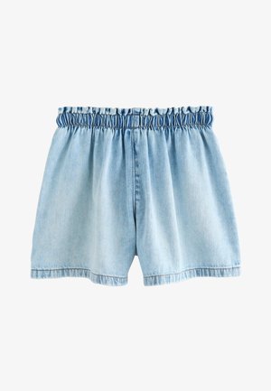 Lichtblauwe denim shorts met een elastische tailleband en ruches als afwerking. Heeft een casual, loszittende stijl met rechte pijpen en zoom.