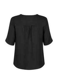 Black short-sleeve blouse with a textured finish, featuring a round neckline and a subtle pleat detail at the back.