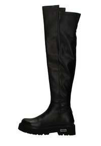 Stivali neri in pelle al ginocchio con una superficie liscia, suola in gomma piatta e un logo sottile sul lato. Progettati per una silhouette aderente.