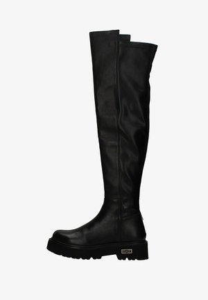 Stivali neri in pelle al ginocchio con una superficie liscia, suola in gomma piatta e un logo sottile sul lato. Progettati per una silhouette aderente.