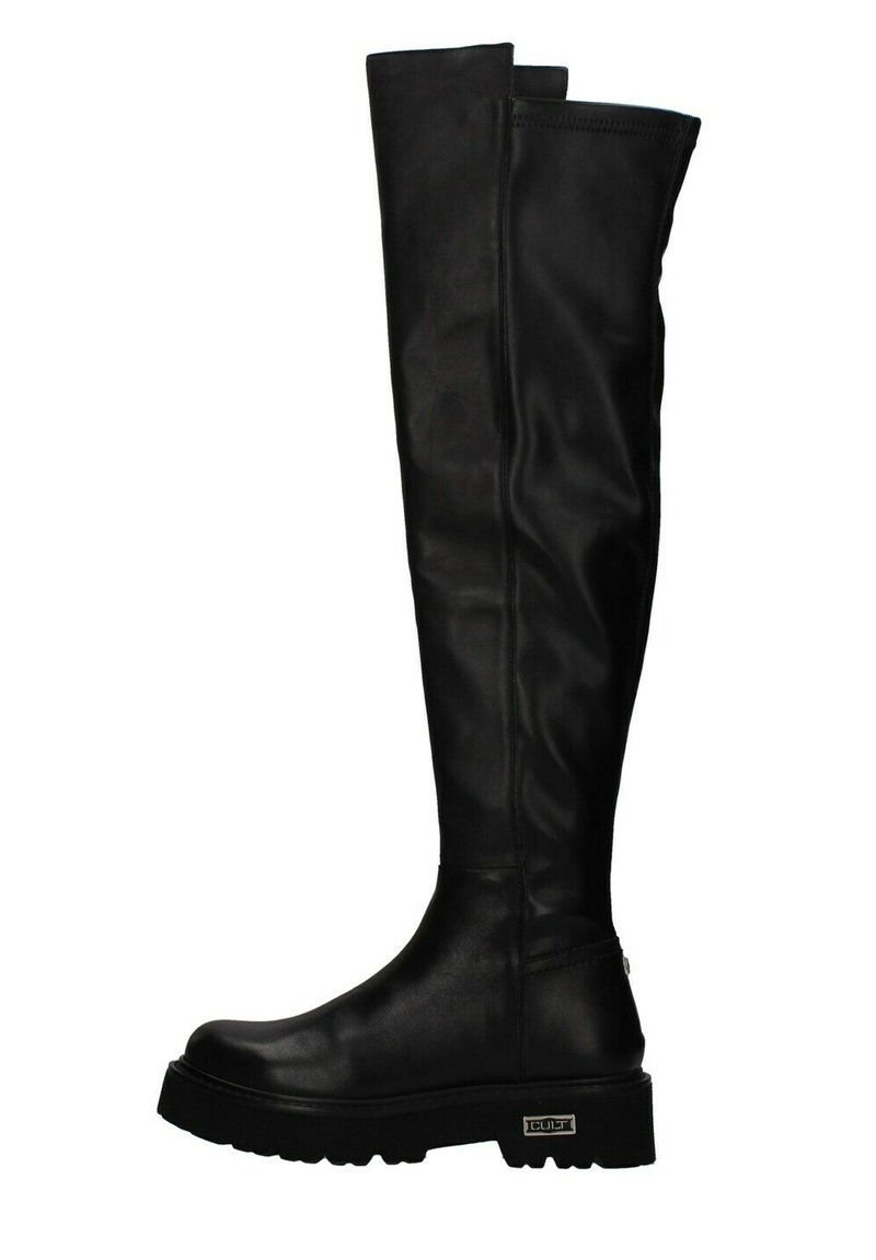 Stivali neri in pelle al ginocchio con una superficie liscia, suola in gomma piatta e un logo sottile sul lato. Progettati per una silhouette aderente.