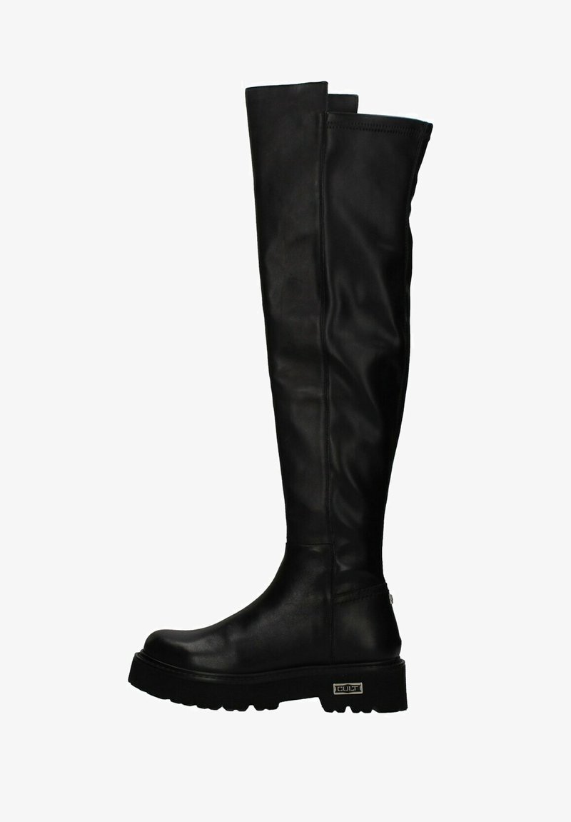 Stivali neri in pelle al ginocchio con una superficie liscia, suola in gomma piatta e un logo sottile sul lato. Progettati per una silhouette aderente.
