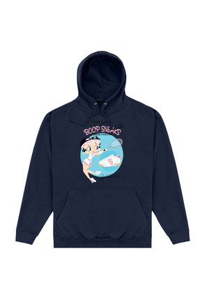 Granatowy hoodie z grafiką z przodu przedstawiającą kreskówkową dziewczynkę trzymającą rakietę, z napisem "BOOP SNEAKS" i różowymi akcentami.