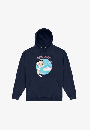 Granatowy hoodie z grafiką z przodu przedstawiającą kreskówkową dziewczynkę trzymającą rakietę, z napisem "BOOP SNEAKS" i różowymi akcentami.