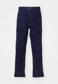 Marineblauwe, wijde werbroeken van duurzame stof, met een hoge taille, riemlussen en grote zijzakken. Gestructureerde afwerking.
