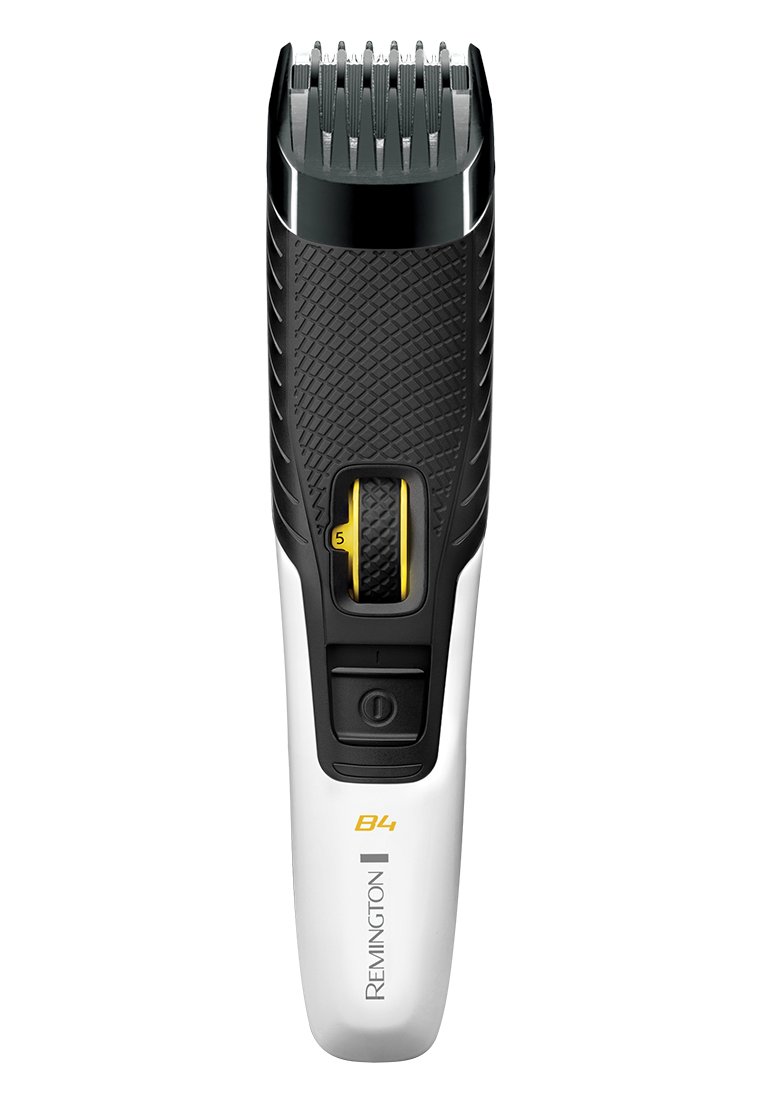 Cortadora de pelo eléctrica con un agarre de goma negra, cuerpo blanco, dial de longitud ajustable y cuchillas de corte de precisión en la parte superior.