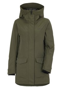 Manteau imperméable vert olive avec une capuche, fermeture éclair à l'avant, deux grandes poches frontales et une doublure intérieure texturée. Design simple avec un minimum de marquage.