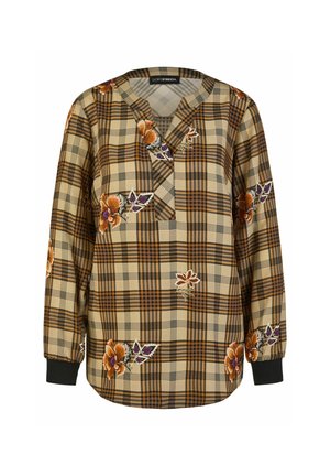 Langärmelige beige-braune karierte Bluse mit bestickten orangefarbenen und violetten Blumen, schwarzen Manschetten und V-Ausschnitt.