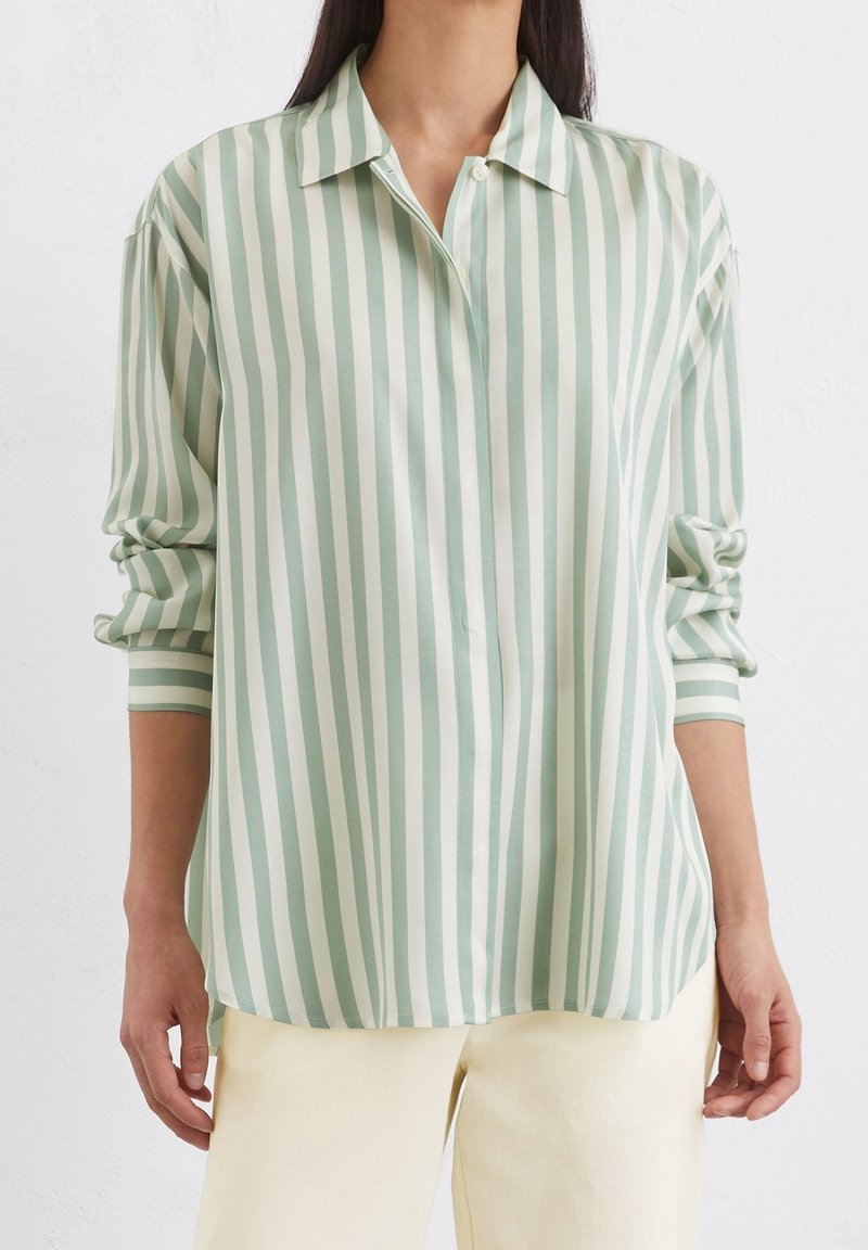 Personne portant une chemise boutonnée à manches longues à rayures verticales vertes et blanches, manches retroussées, associée à un pantalon clair.