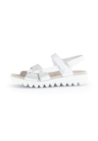 Zilveren leren sandalen met een gelaagde witte zool, verstelbare riempjes en een textuur in de binnenzool. Ontworpen voor comfort en ondersteuning.