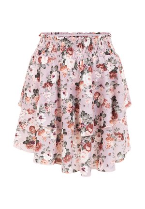 Minigonna a strati floreale con vita elasticizzata, con fiori rosa, bianchi e bordeaux su sfondo lavanda chiaro.