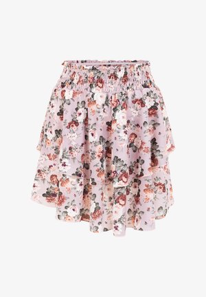 Kvetinová vrstvená mini sukňa s elastickým pásom, zdobená ružovými, bielymi a bordovými kvetmi na svetlom levanduľovom pozadí.