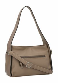 Sac à main en cuir beige avec une finition texturée, équipé d'une bandoulière réglable, d'une poche zippée à l'avant et d'une bordure noire contrastante.