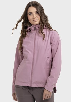 Hellrosa wasserdichte Jacke mit Frontreißverschluss, verstellbarer Kapuze und Seitentaschen. Glatte Textur und modernes Design, geeignet für den Außenbereich.