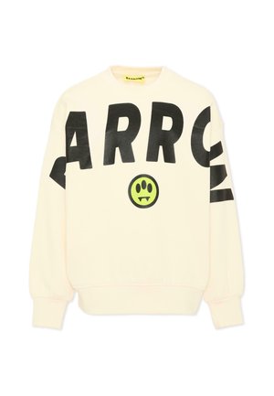 Cremefarvet sweatshirt med store sorte bogstaver, der staver "BARROW" tværs over bryst og ærmer, og et lille neongrønt smiley med hugtænder nedenunder.
