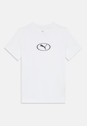 T-shirt en coton blanc avec un logo ovale noir représentant un chat bondissant au centre. Manches courtes et encolure ronde.