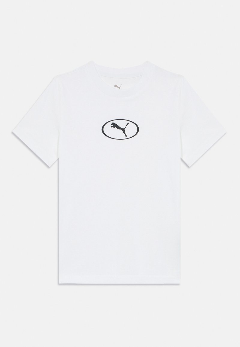 Hvit bomull t-skjorte med en svart oval logo med design av en hoppende katt i sentrum. Korte ermer og rund hals.