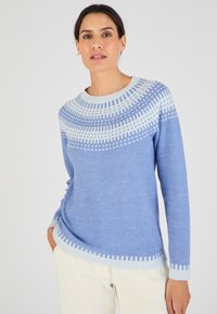 Pull en tricot bleu avec un col rond. Présente un motif de rayures bleu clair et blanches sur la poitrine et des poignets côtelés texturés.