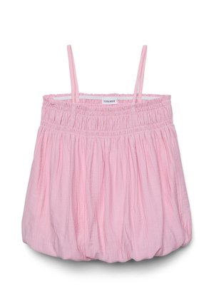 Canotta rosa in cotone con sottili spalline regolabili, caratterizzata da un corpetto arricciato e un design voluminoso e drappeggiato. Tessuto liscio e strutturato.