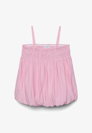 Canotta rosa in cotone con sottili spalline regolabili, caratterizzata da un corpetto arricciato e un design voluminoso e drappeggiato. Tessuto liscio e strutturato.