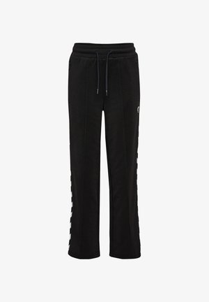 Czarne spodnie dresowe o luźnym kroju, z elastycznym pasem, sznurkiem do regulacji, bocznymi kieszeniami oraz białymi paskami wzdłuż nóg.
