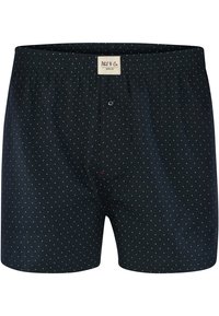 Zwarte boxers van katoen, met witte stippen, een elastische tailleband, een knoopsluiting aan de voorkant en een klein merklabel.