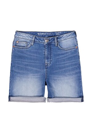 Denimshorts met een hoge taille, lichtblauwe wassing en omgeslagen zoom. Beschikt over vijf zakken en een katoenen sluiting aan de voorkant.