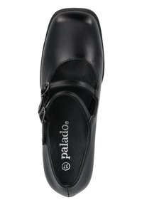 Scarpa stile Mary Jane nera con finitura lucida, dotata di punta tonda, due cinturini regolabili e soletta imbottita. Logo stampato all'interno.