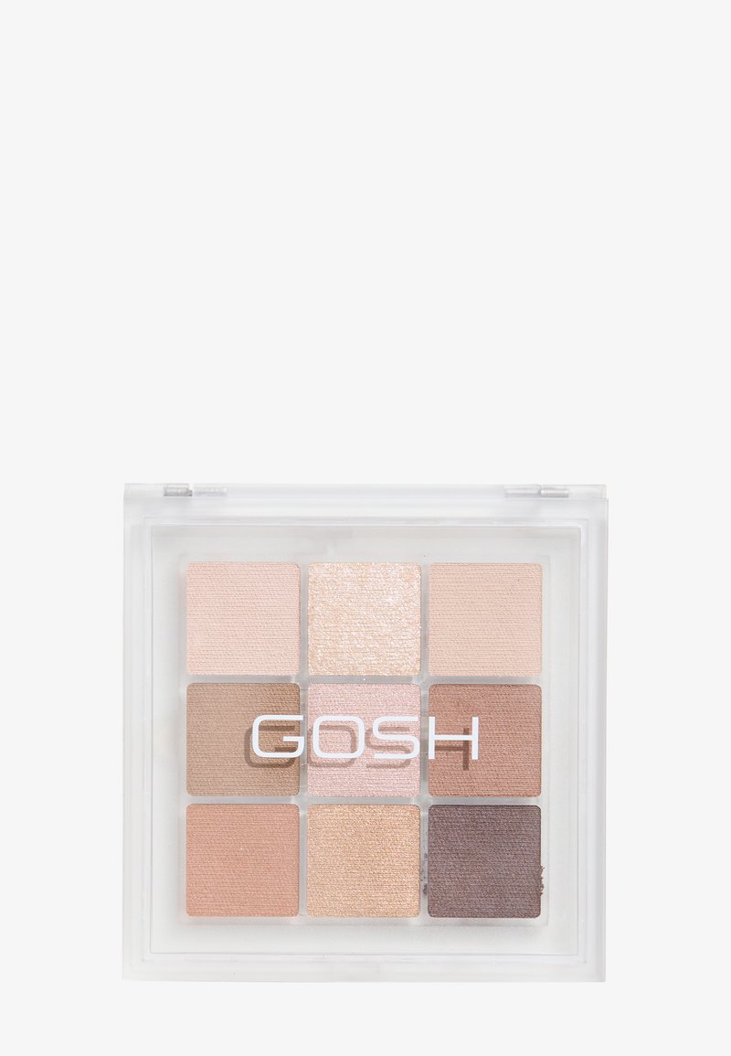 GOSH eyeshadow palette in a clear case, featuring nine squares in neutral tones, with a mix of matte and shimmer finishes.