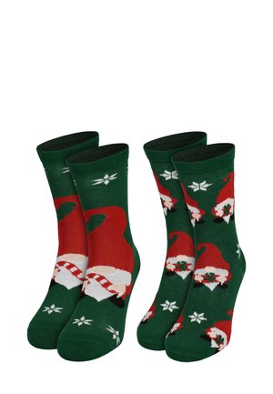 Calzini verdi con un motivo ripetuto di cappelli di Babbo Natale e fiocchi di neve in rosso, bianco e nero. Polsini a coste nella parte superiore.