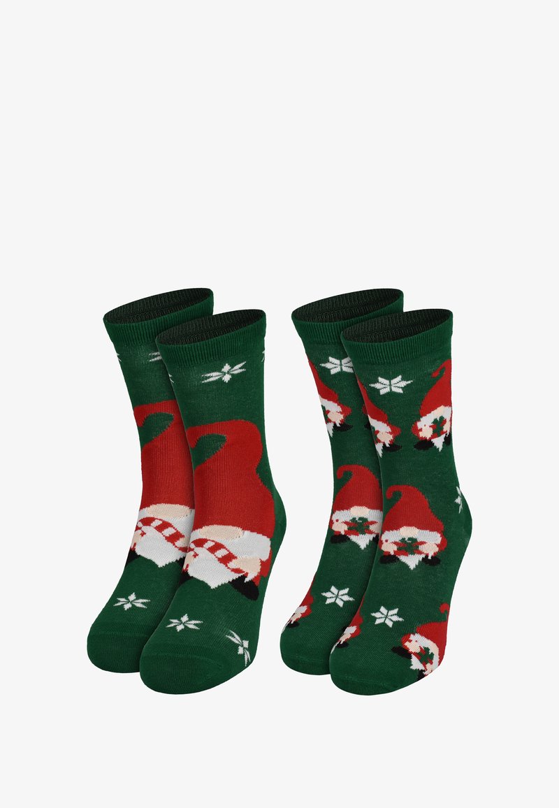 Green socks featuring a repeated pattern of Santa hats and snowflakes in red, white, and black. Ribbed cuffs at the top.