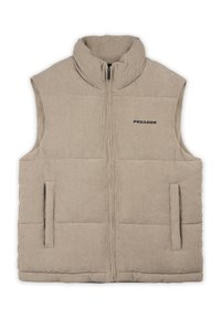 Beige kordflorsväst med hög krage, frontdragkedja, två sidofickor och "PEGADOR"-logotyp i svart tryckt på bröstet.