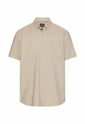 Beige kortærmet skjorte med knapper, en forlommer og knaplukket krave, vist på en hvid baggrund.
