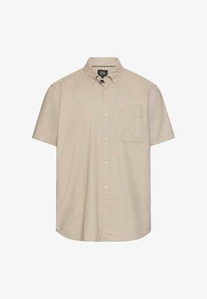 Beige kortærmet skjorte med knapper, en forlommer og knaplukket krave, vist på en hvid baggrund.